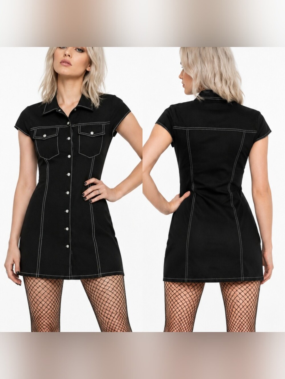 Vtg 90s JALATE blk  white contrast embroidy MOP buttons western shirt dress 10